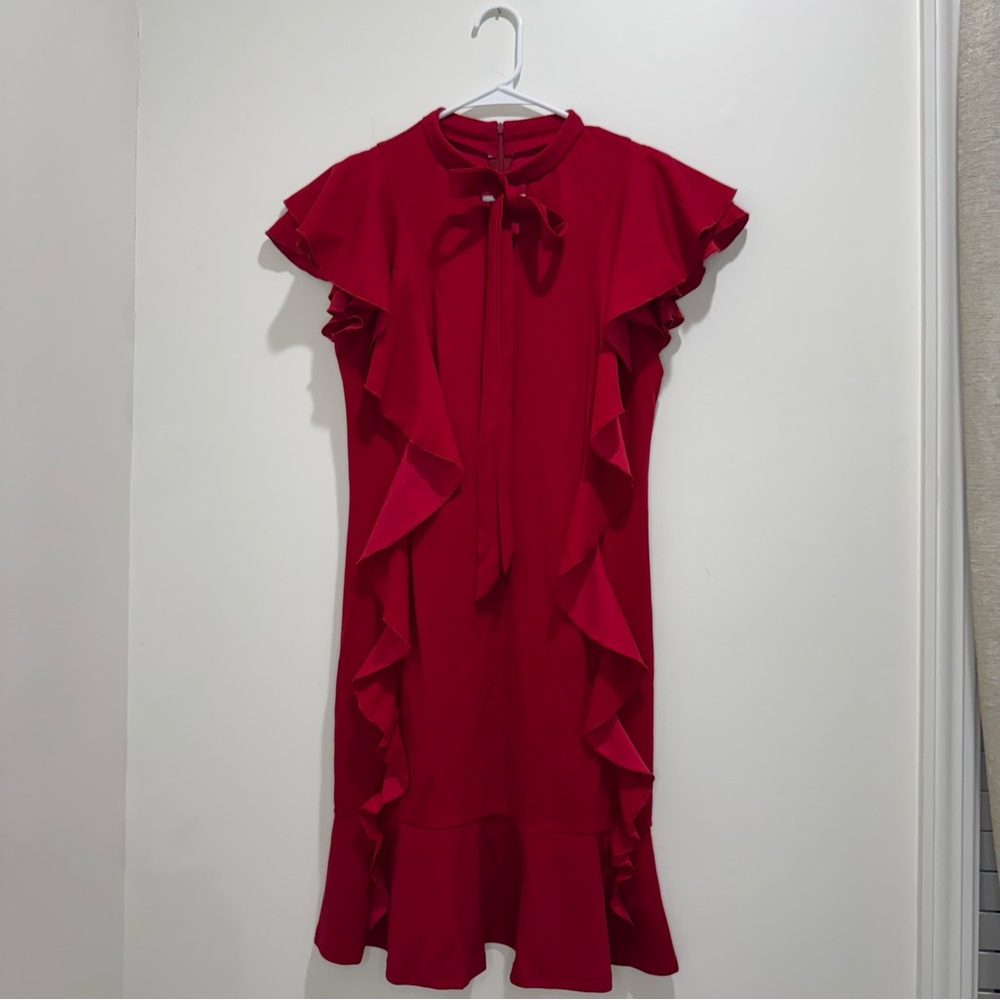 Boutique‎ Red Ruffle Flutter Sleeve Tie Neck Midi Dress Size M